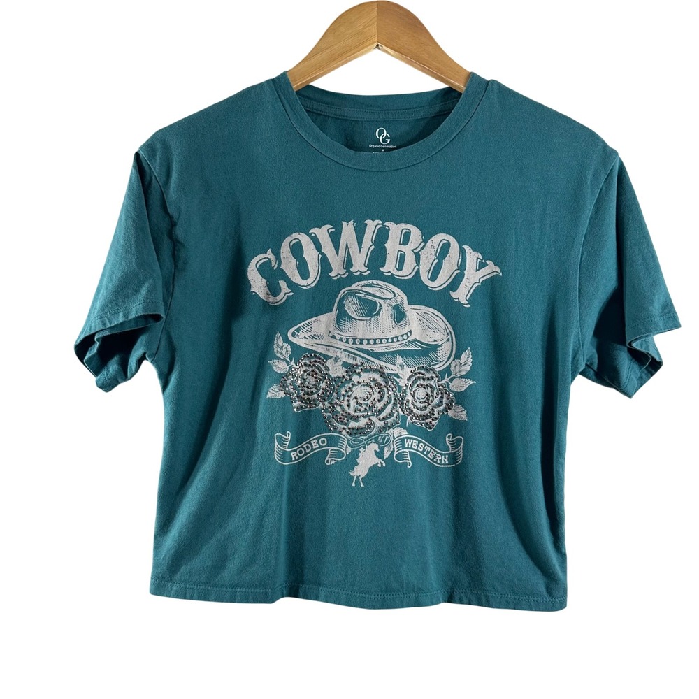 Organic Generation Women's Tee Cotton Rhinestones Cow Roses Graphic Shirt Size M